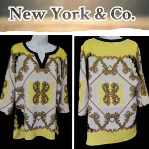 New York & Co. Silky Blouse Size Medium, Royale Yellow, Gold, & Black Trim EUC